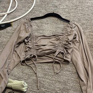 Ruched Long-Sleeve Crop Top in Taupe